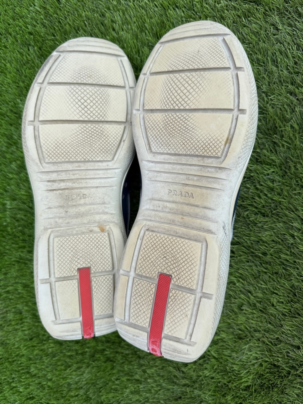 Prada Navy, Gray and Cream Men’s Leather Mesh Sneakers with Red Logo Stripe - Picture 7 of 8